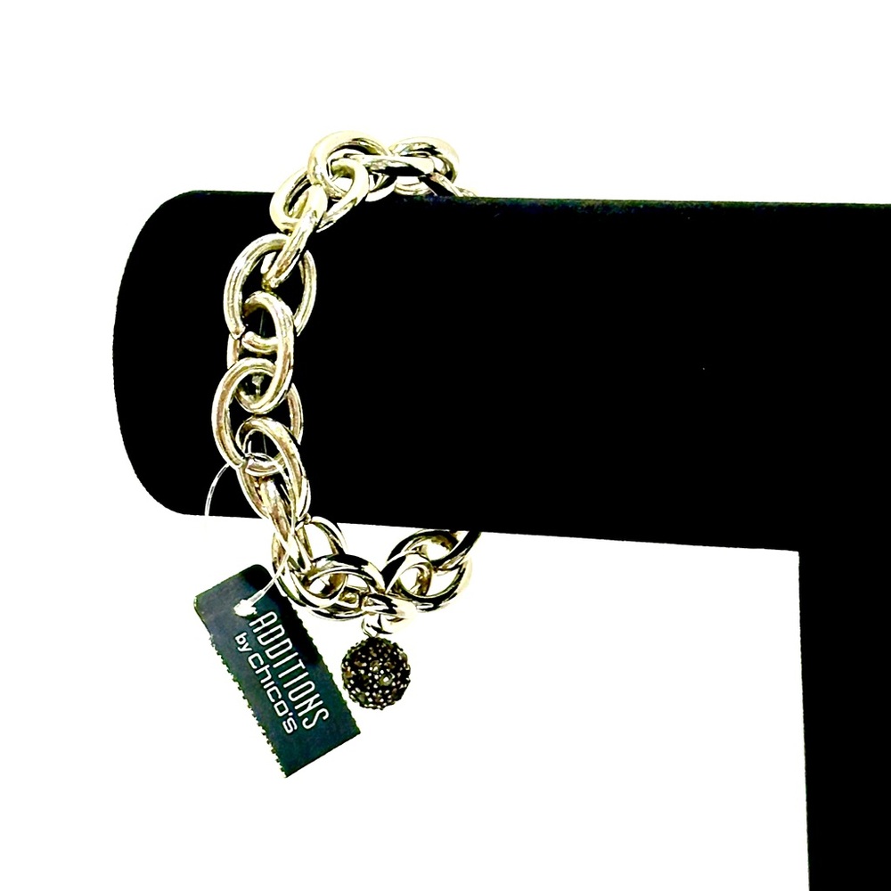 CHICO’s | Silver Large Round Link Bracelet with Pave Ball Charm | NWT | Classic - Picture 6 of 8